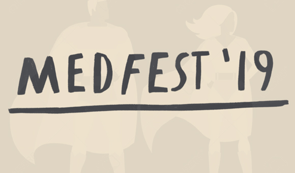 MedFest logo with two superheroes in the background