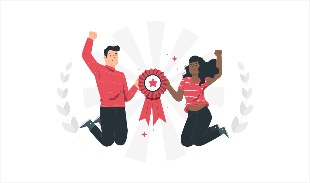 Two people holding a ribbon