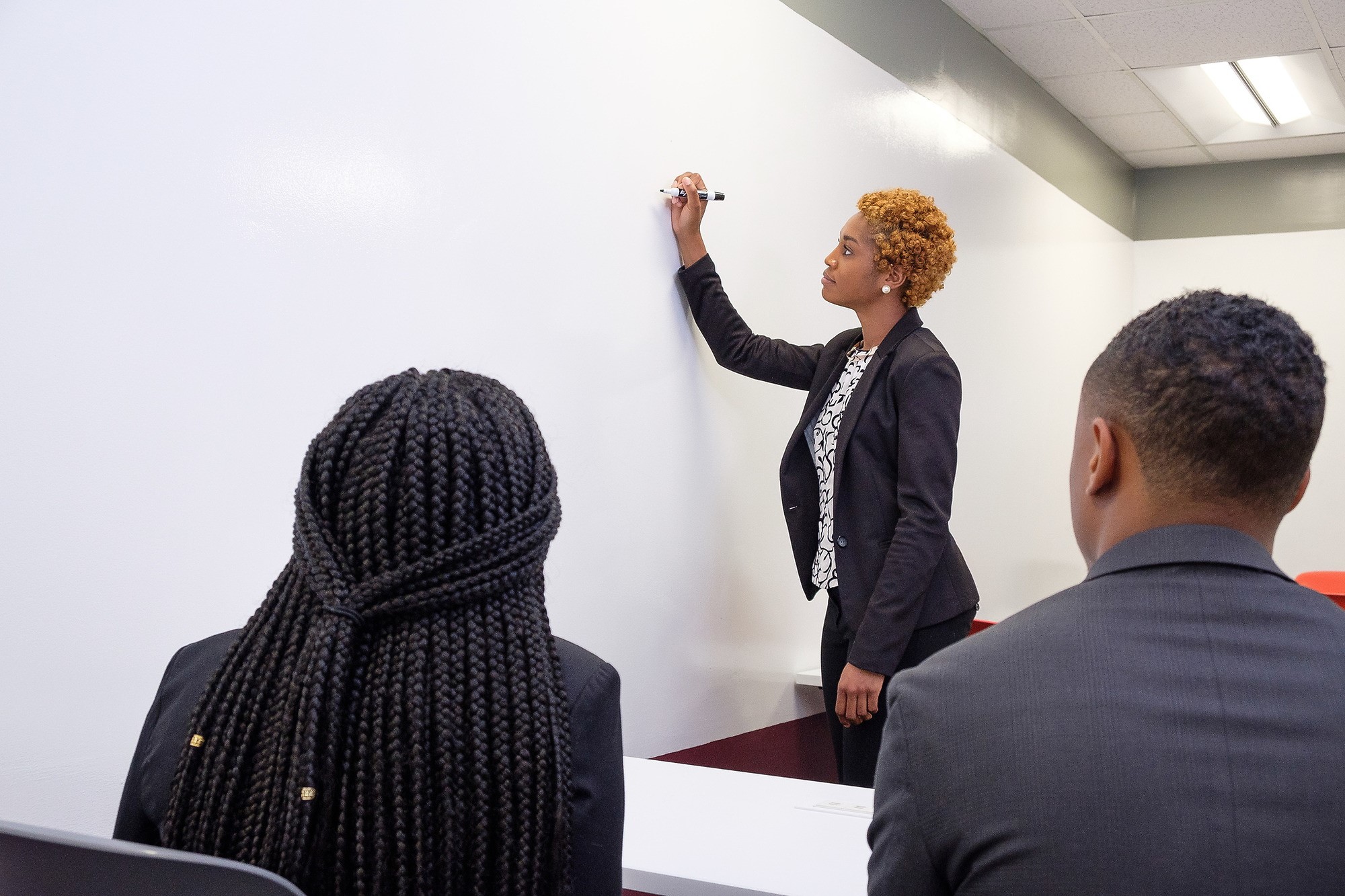 Business teacher is teaching in white board