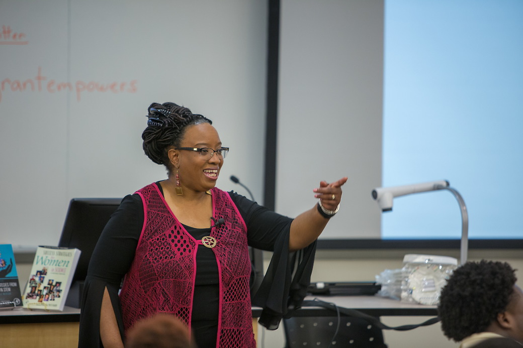Woman giving a speech on STEM