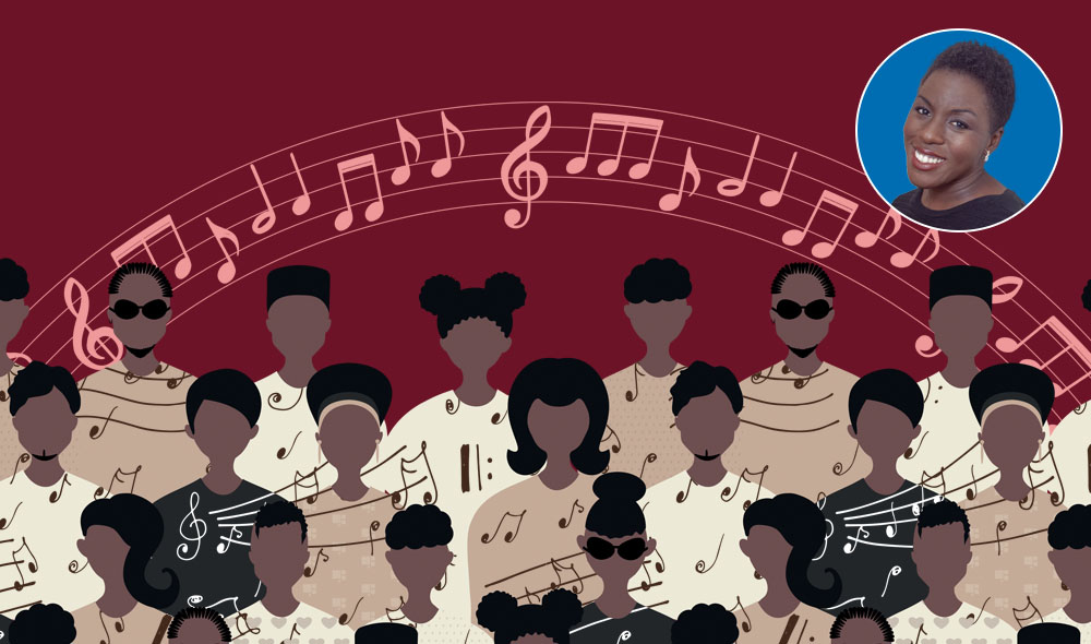 A crowd of black americans with musical patterns surrounding them. Picture of Dr. Hadley