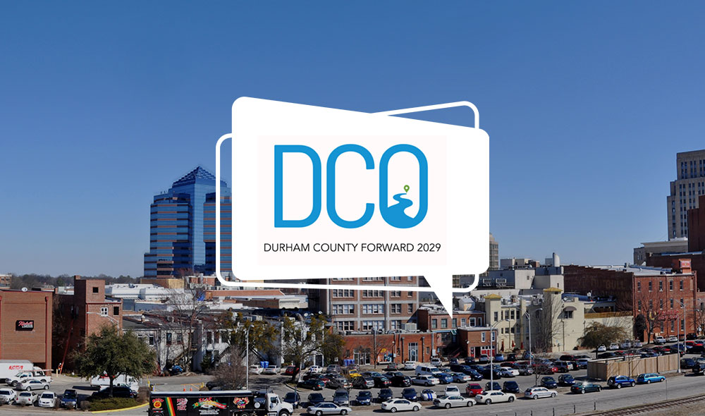 Durham County Forward logo with downtown durham as the background
