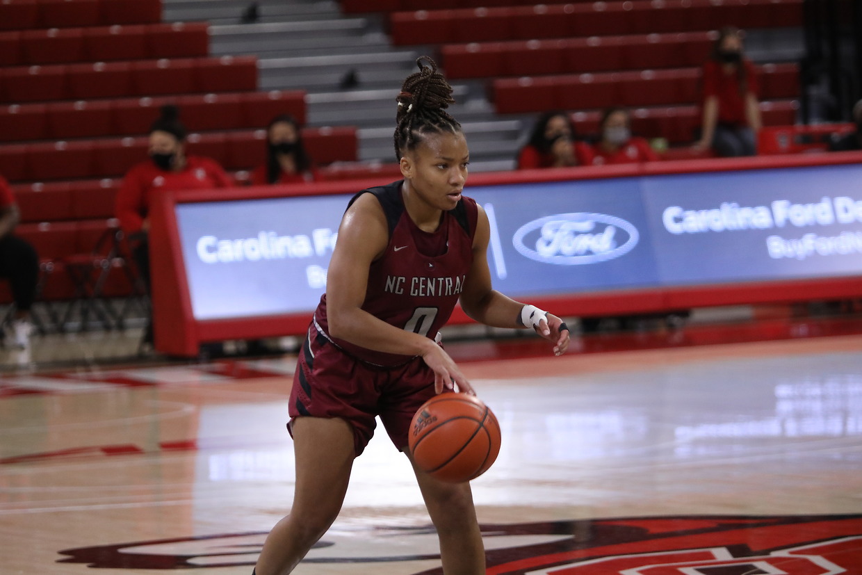 A NCCU women's basketball player dribbling a basketball during a game
