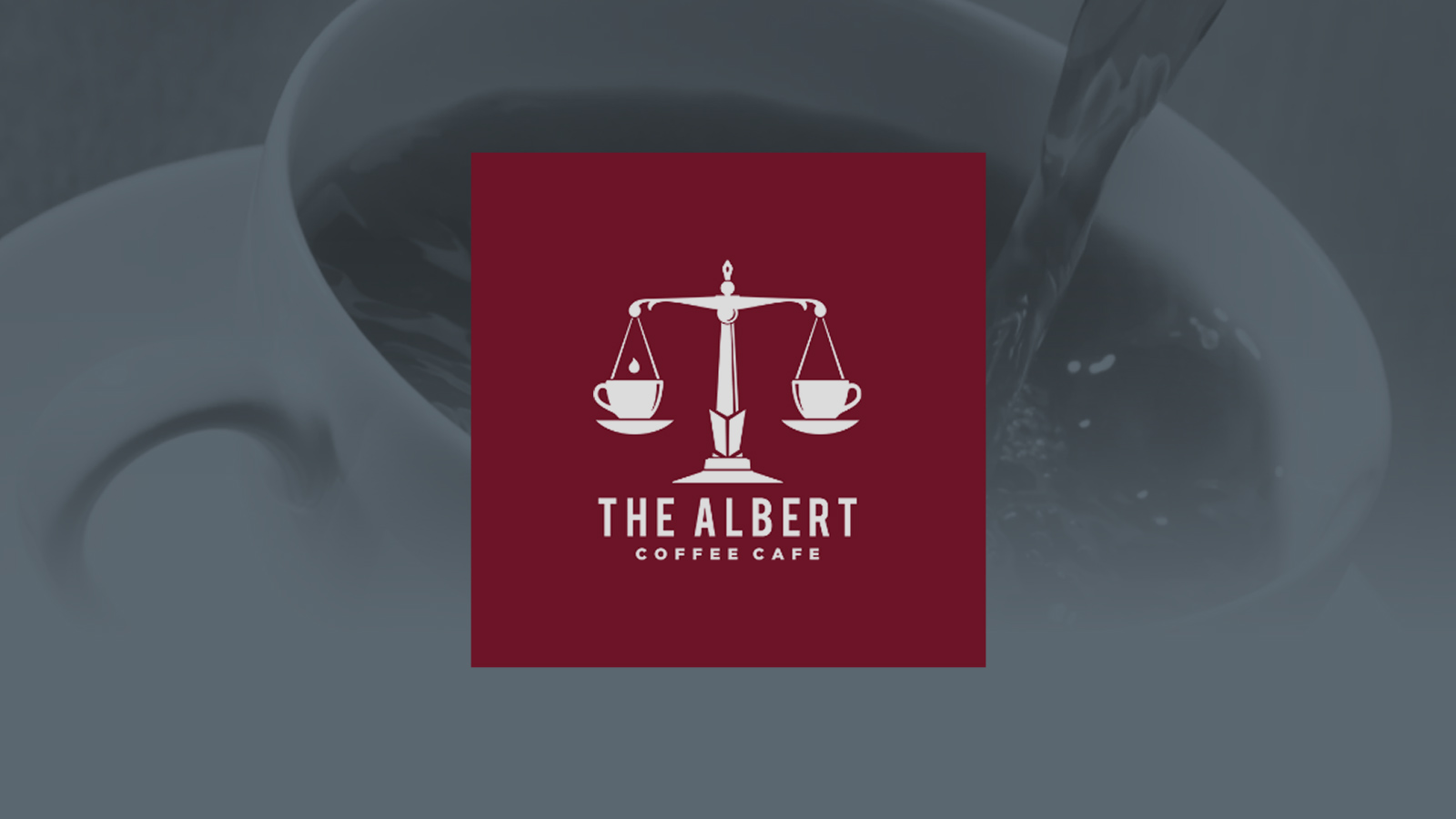 The Albert Coffee Café logo with an image of coffee being poured behind