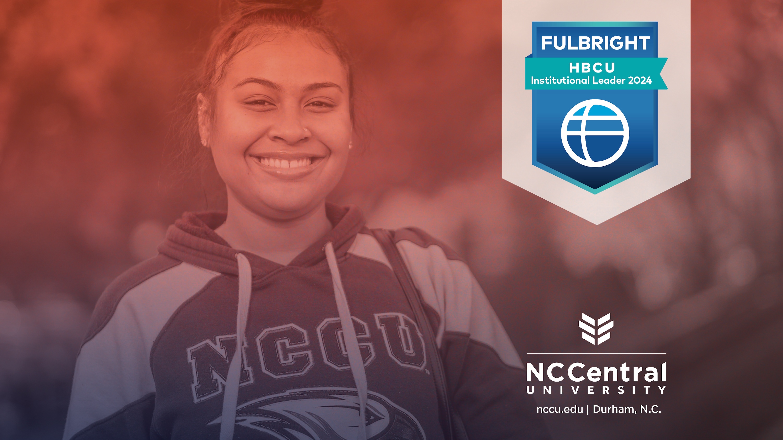 Smiling student with Fulbright HBCU Institutional Leader 2024 logo
