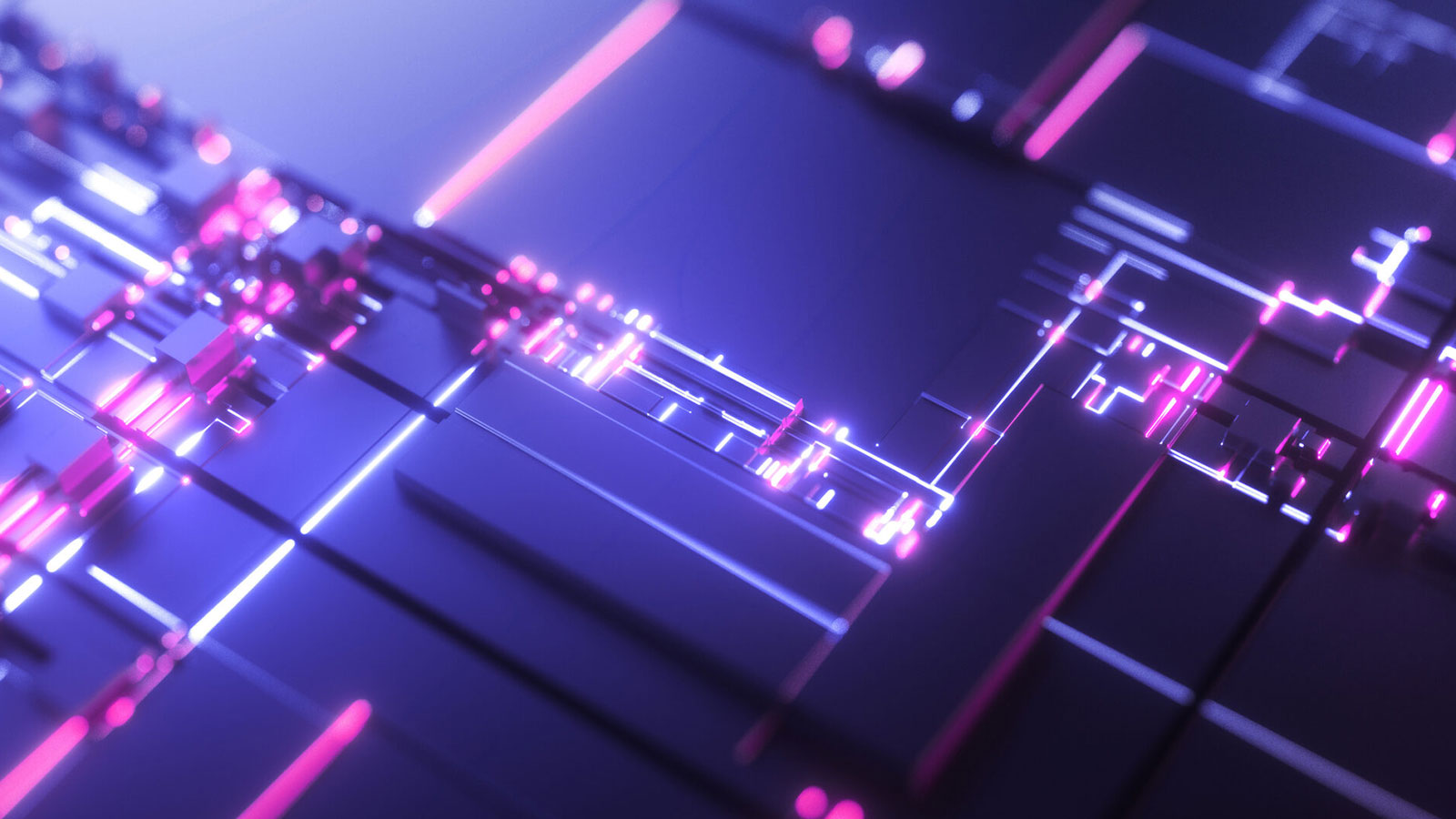 Futuristic circuit board with glowing pink and purple lines.