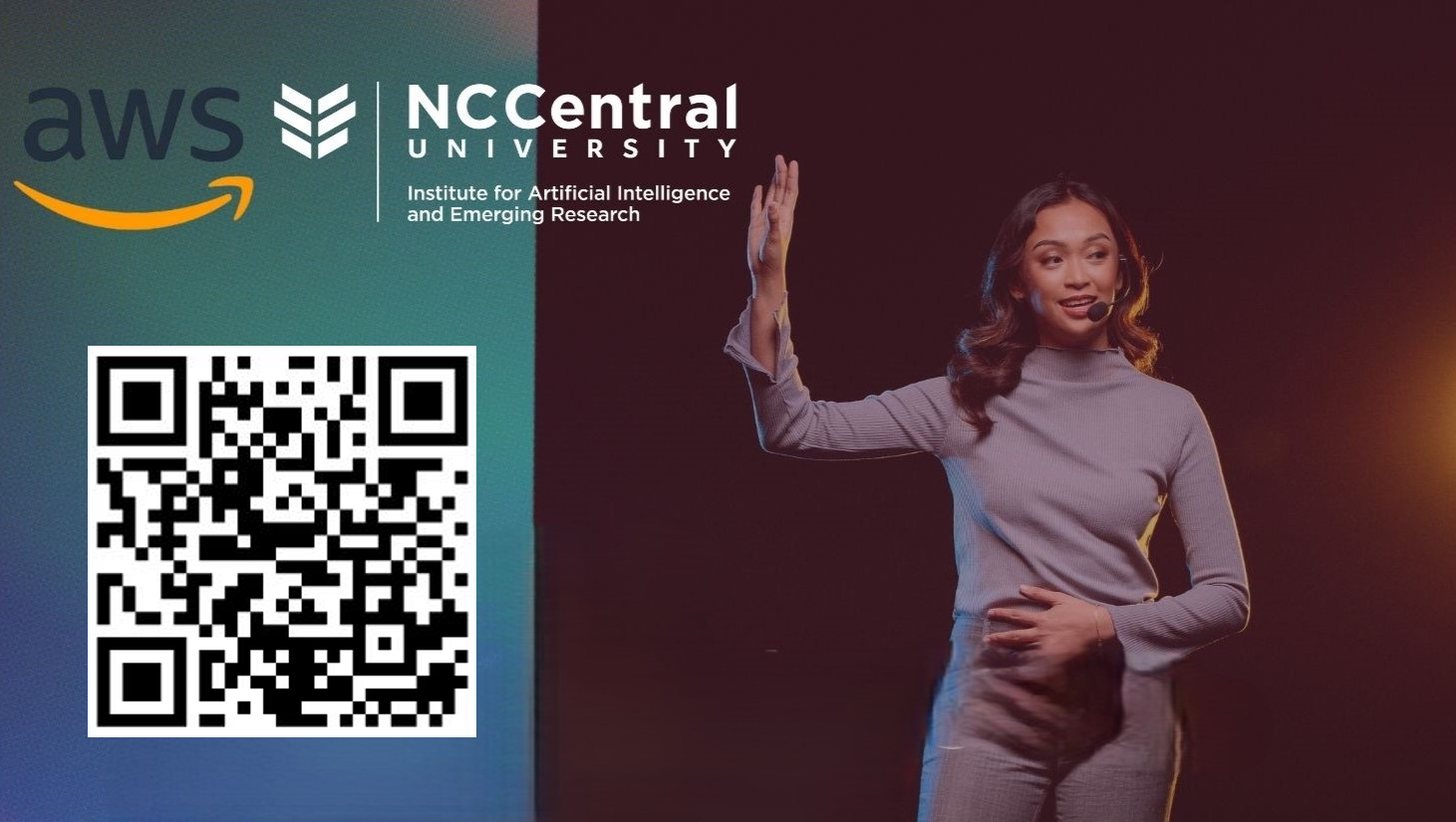 A lady on stage giving a speech with a qr code