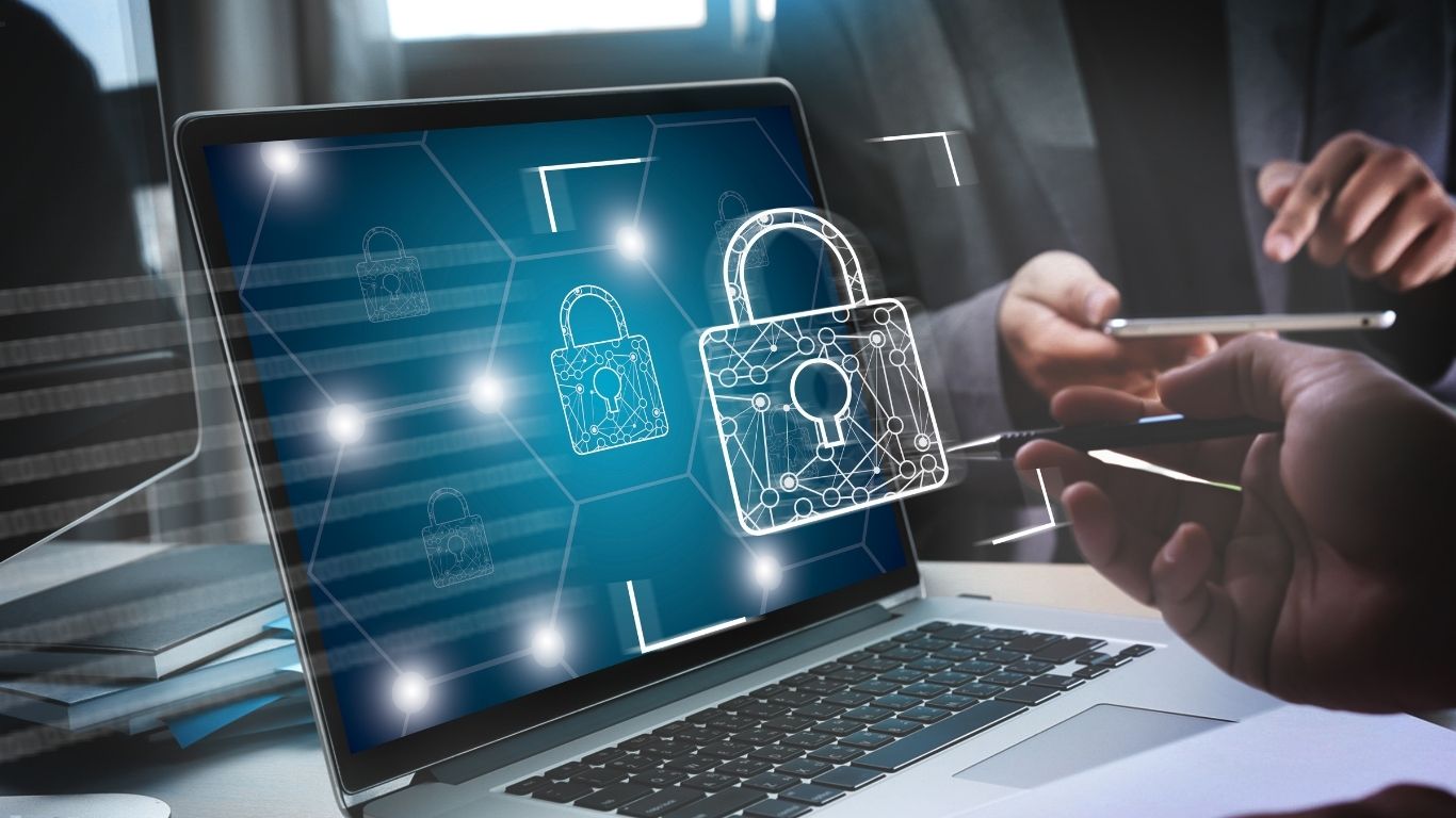 laptop screen with cybersecurity design
