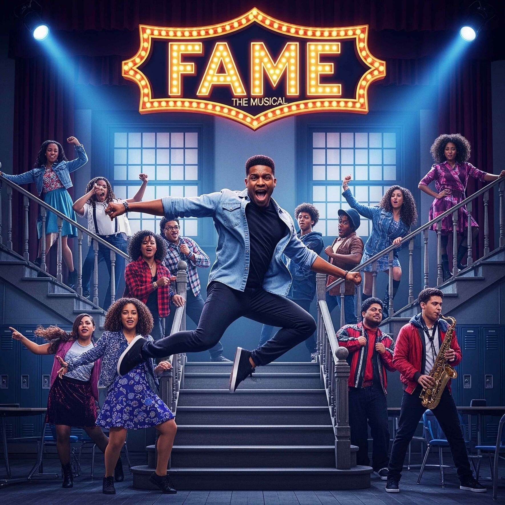 Photo with the FAME logo at the top with a group of students