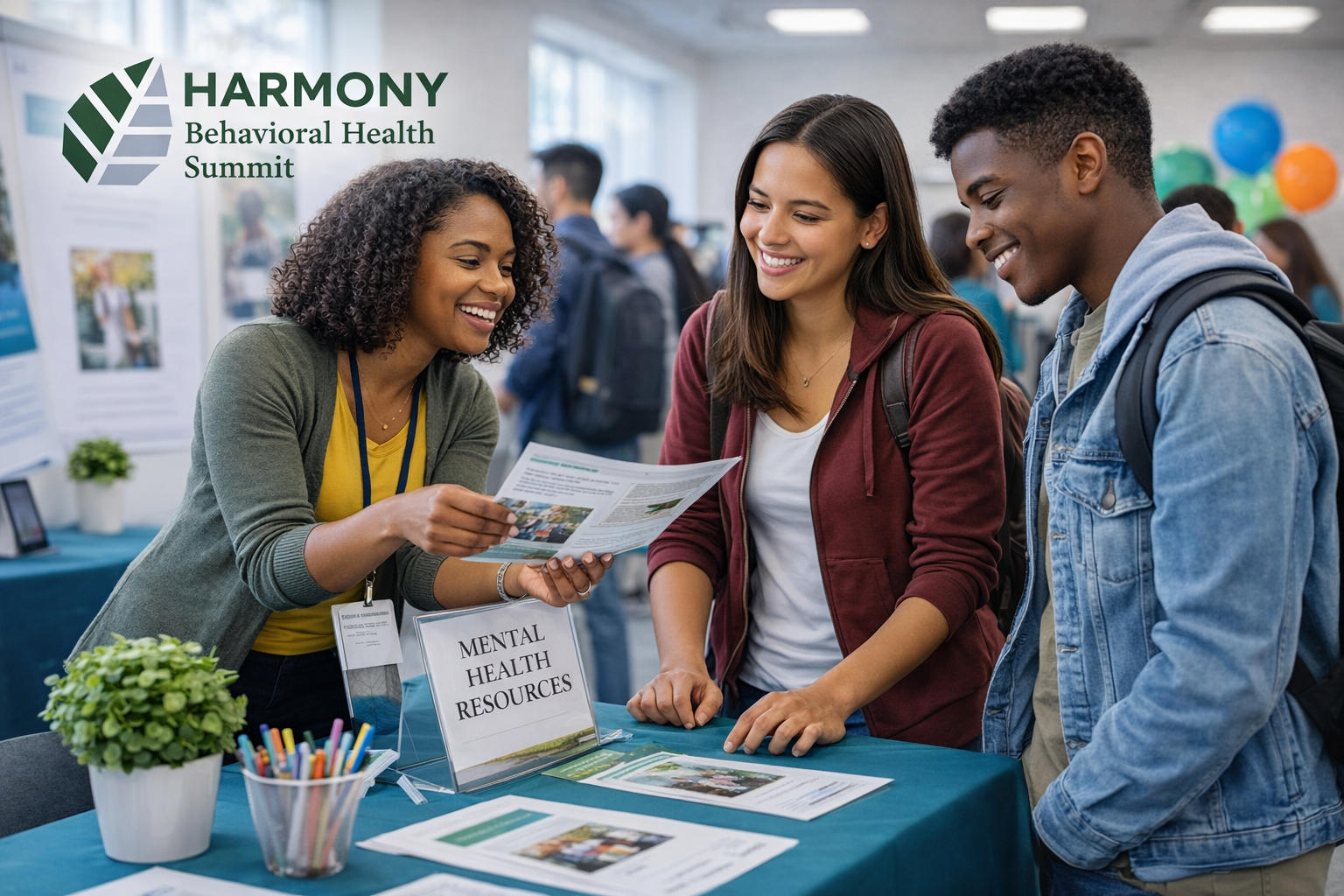 People talking at conference booth