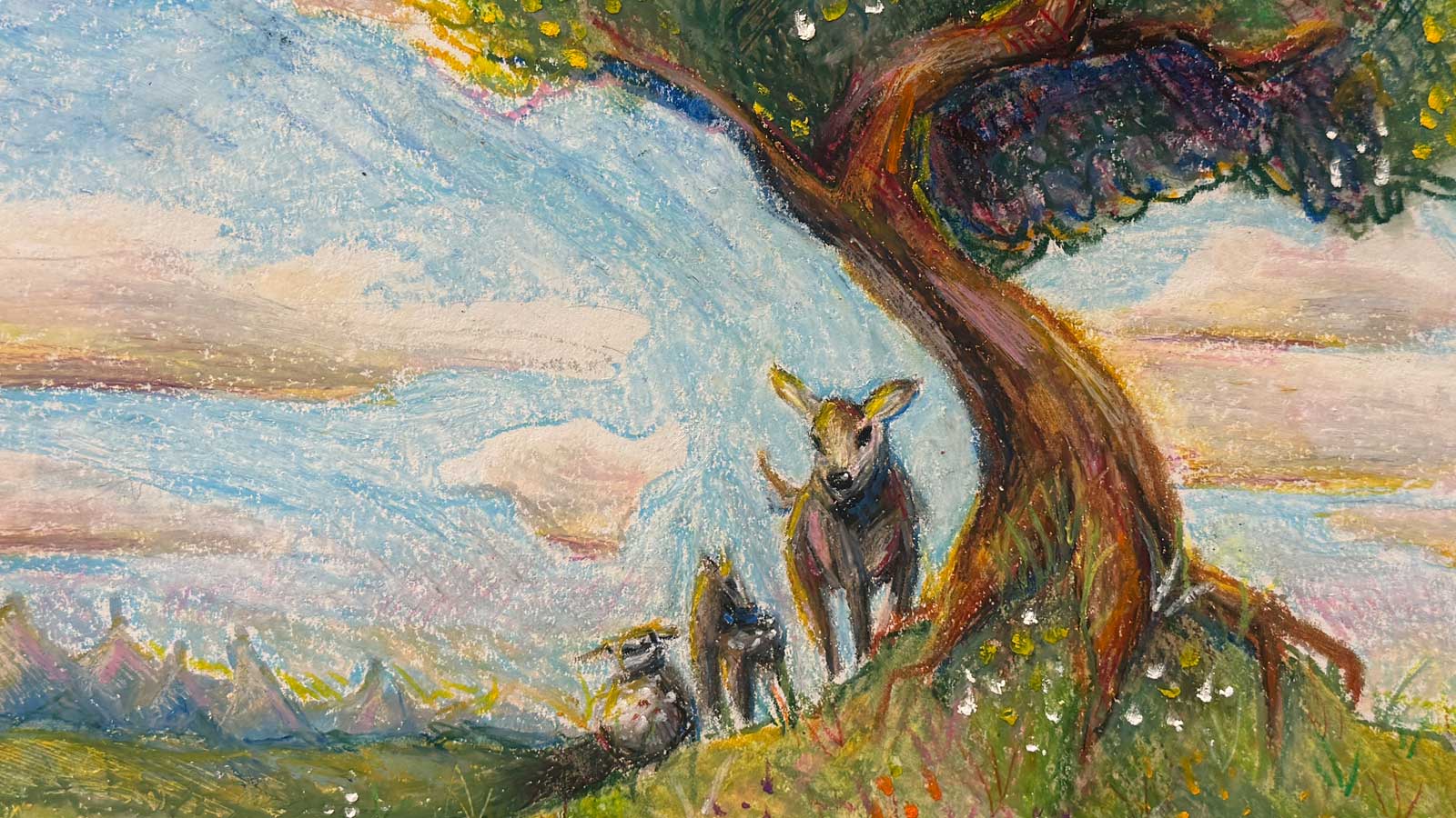 Art piece by Sarah Lewis that shows animals by a tree