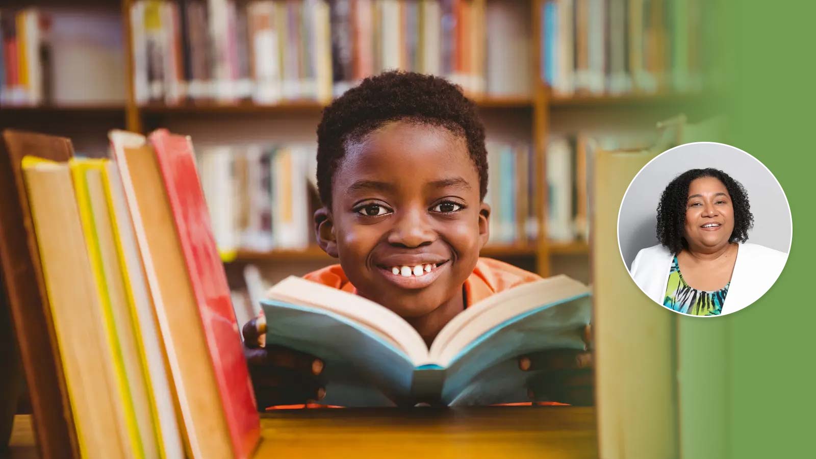 child in a library, reading a book. floating head of Dr. Catherine Quinlan on the right side