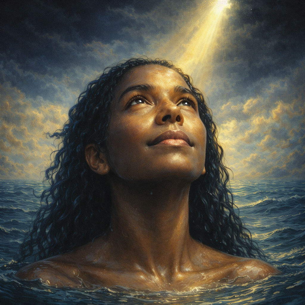 Woman in water staring at sun
