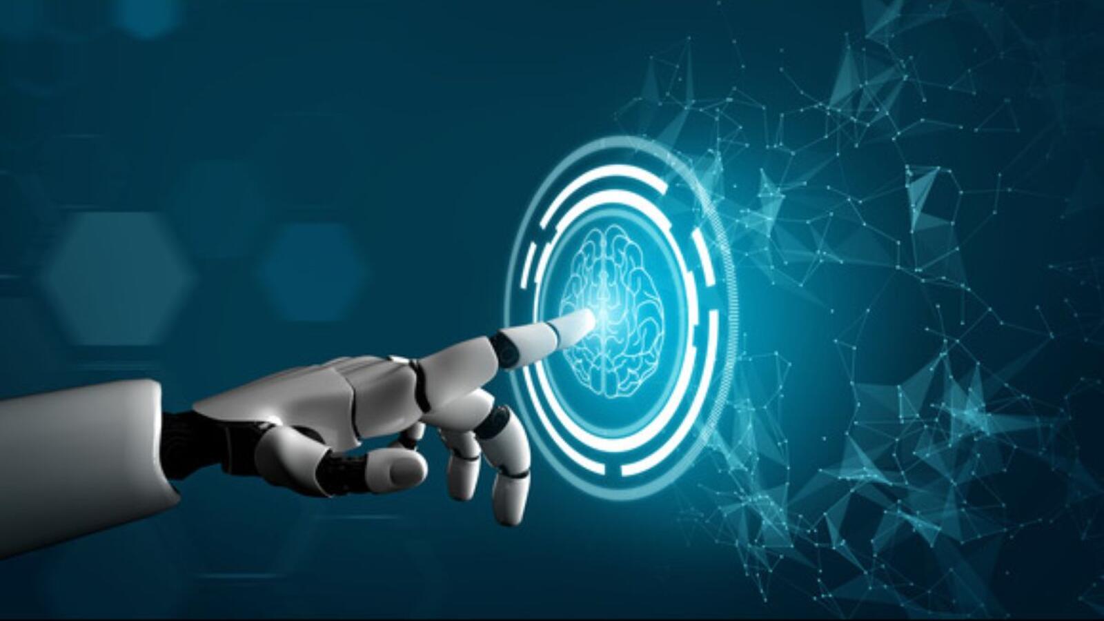 robot hand pushing digital image