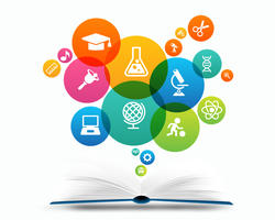 Open book with color school-related icons coming out of it