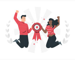 Two people holding a ribbon
