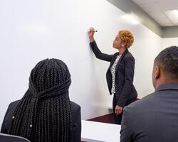Business teacher is teaching in white board