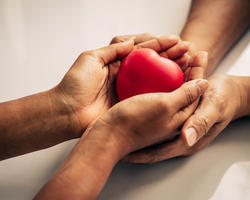 Two sets of hands holding a small toy heart