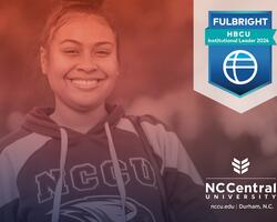 Smiling student with Fulbright HBCU Institutional Leader 2024 logo