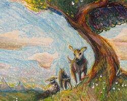 Art piece by Sarah Lewis that shows animals by a tree
