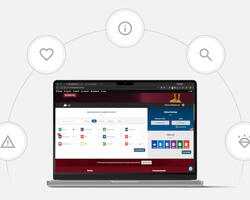 A laptop displaying myEOL, surrounded by faint circular icons representing features like warning, favorites, more information, search, and new look
