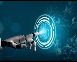 robot hand touching a blue button