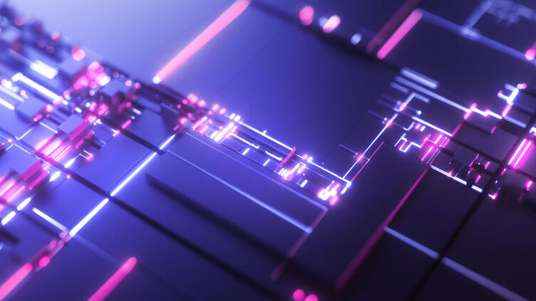 Futuristic circuit board with glowing pink and purple lines.