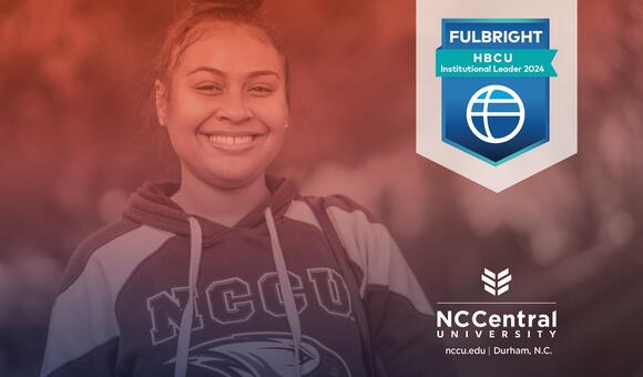 Smiling student with Fulbright HBCU Institutional Leader 2024 logo