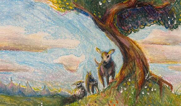 Art piece by Sarah Lewis that shows animals by a tree