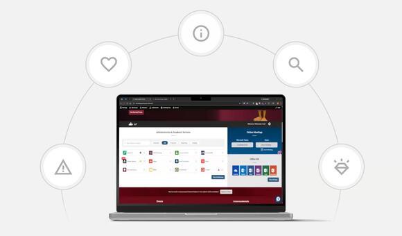 A laptop displaying myEOL, surrounded by faint circular icons representing features like warning, favorites, more information, search, and new look