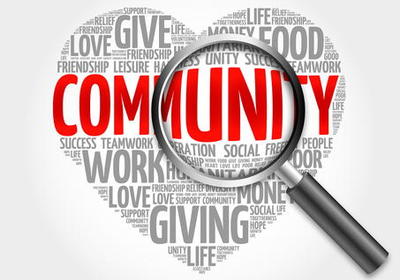 Heart with words about community and giving in it