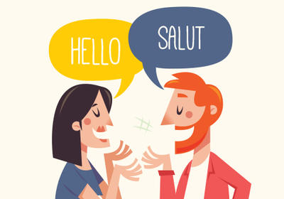 Cartoon people saying Hello and Salut