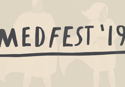 MedFest logo with two superheroes in the background