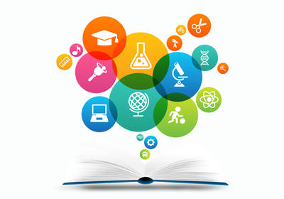 Open book with color school-related icons coming out of it