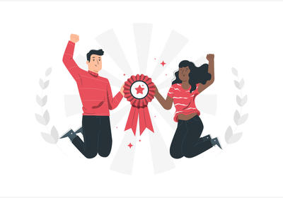 Two people holding a ribbon