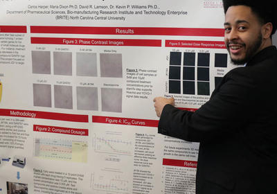 Student pointing at research presentation