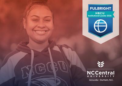 Smiling student with Fulbright HBCU Institutional Leader 2024 logo
