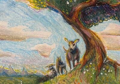 Art piece by Sarah Lewis that shows animals by a tree