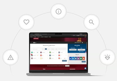 A laptop displaying myEOL, surrounded by faint circular icons representing features like warning, favorites, more information, search, and new look