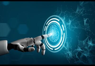 robot hand touching a blue button